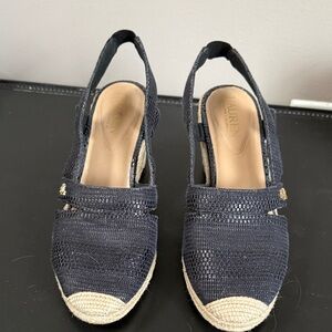 Lauren Ralph Lauren Navy Woven Slingback Espadrille Wedges with Natural Jute Toe